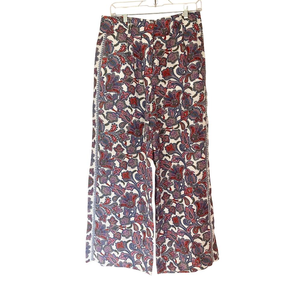 Boden Paisley High Waist Purple Wide Leg Linen Trouser Pants Petite